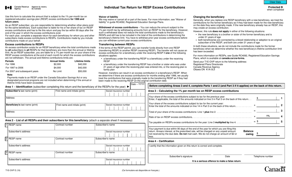 Form T1E-OVP Individual Tax Return for Resp Excess Contributions - Canada, Page 1