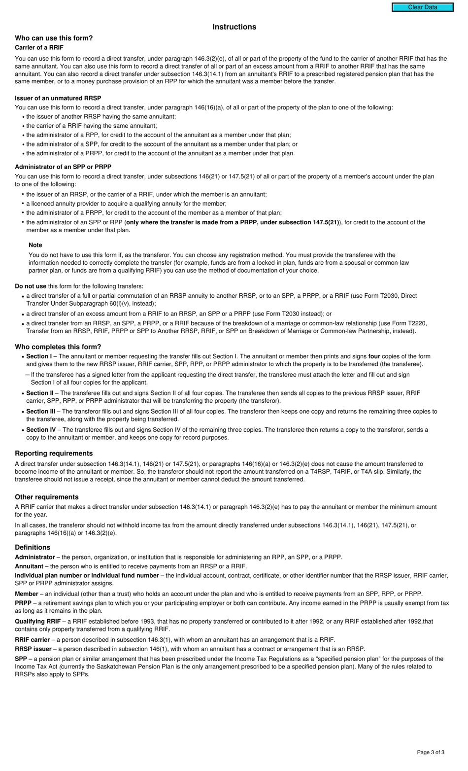 Form T2033 Direct Transfer Under Subsection 146.3(14.1), 147.5(21) or 146(21), or Paragraph 146(16)(A) or 146.3(2)(E) - Canada, Page 3