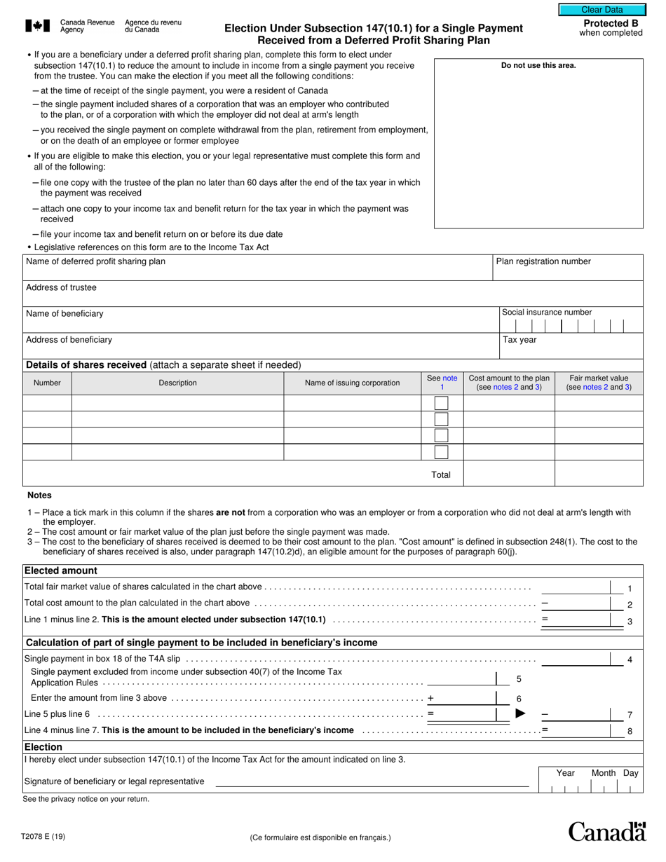 Form T2078 Election Under Subsection 147(10.1) for a Single Payment Received From a Deferred Profit Sharing Plan - Canada, Page 1