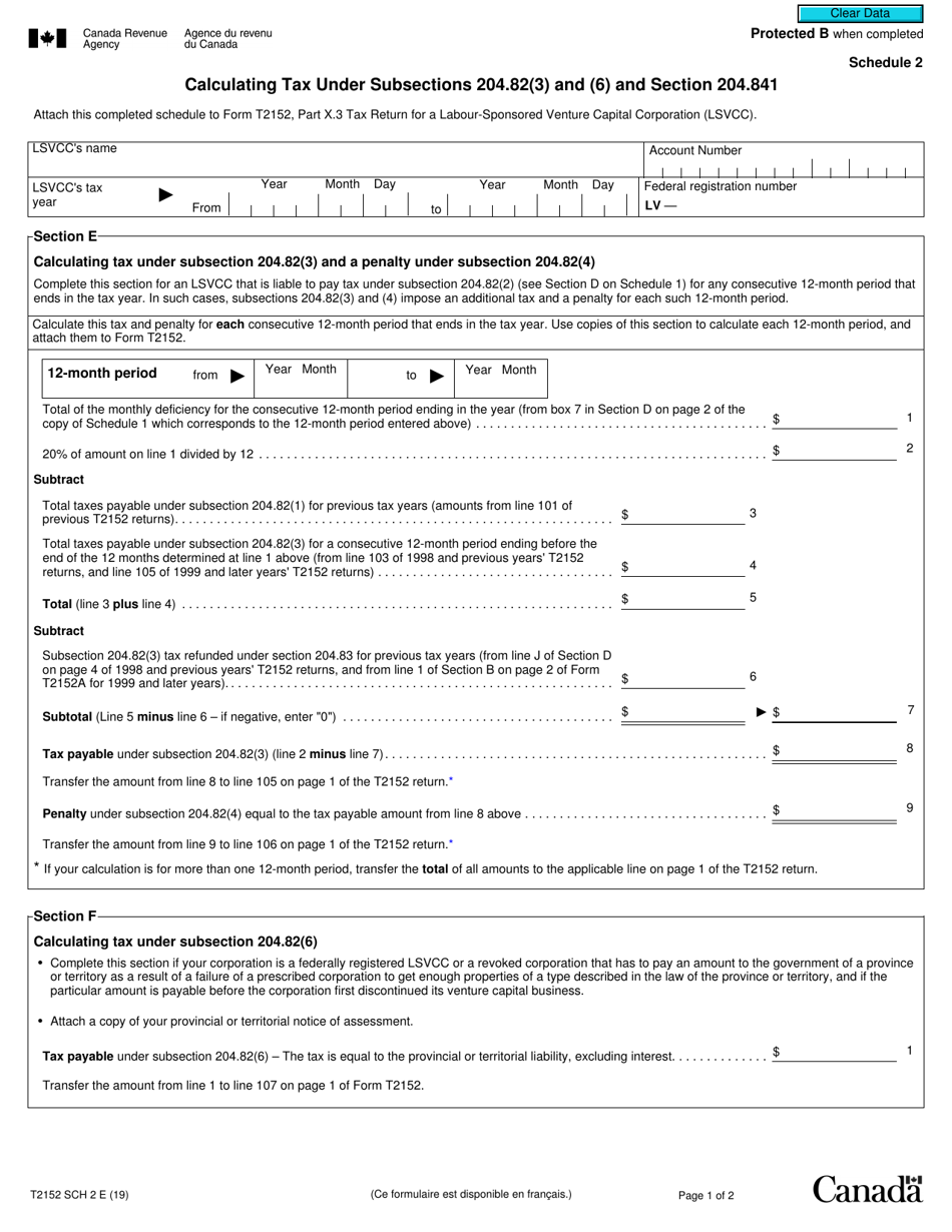 Form T2152 Schedule 2 Calculating Tax Under Subsection 204.82(3) and (6) and Section 204.841 - Canada, Page 1