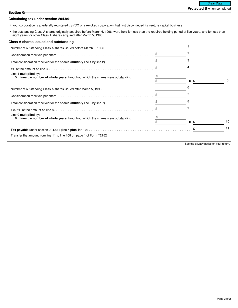 Form T2152 Schedule 2 Calculating Tax Under Subsection 204.82(3) and (6) and Section 204.841 - Canada, Page 2
