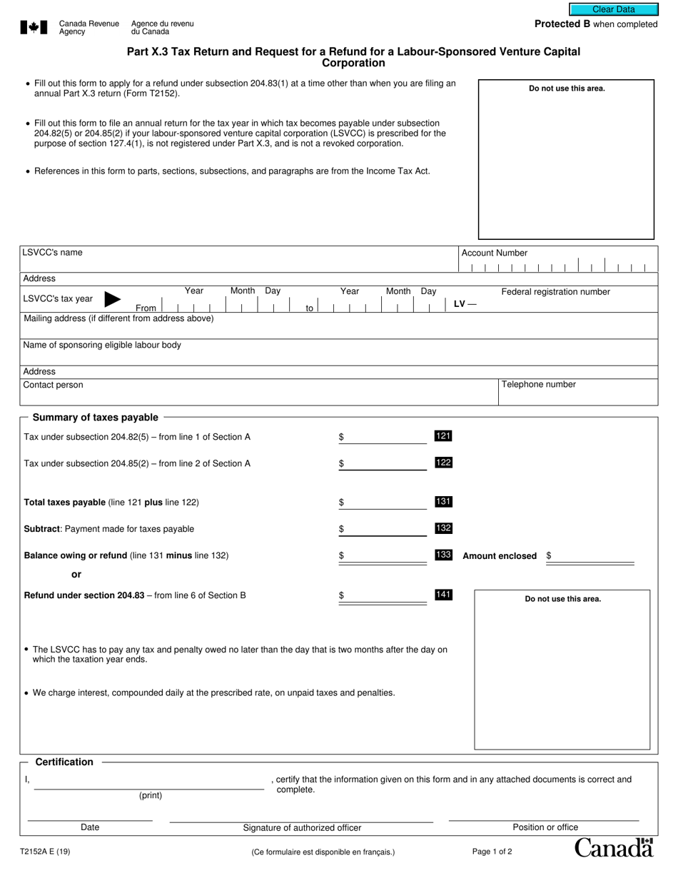 Form T2152A Part X.3 Tax Return and Request for a Refund for a Labour-Sponsored Venture Capital Corporation - Canada, Page 1
