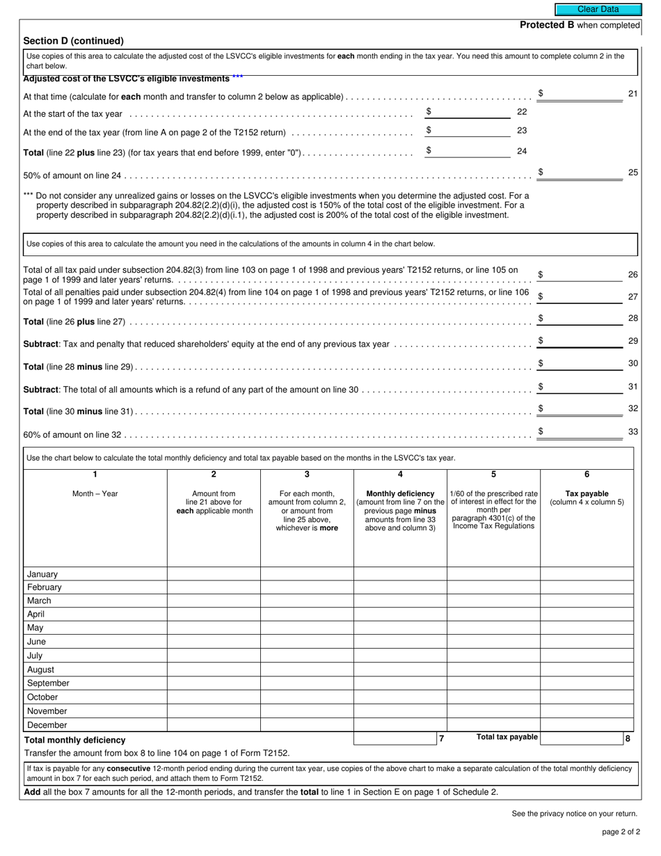 Form T2152 Schedule 1 Calculating Tax Under Subsection 204.82(2) - Canada, Page 2