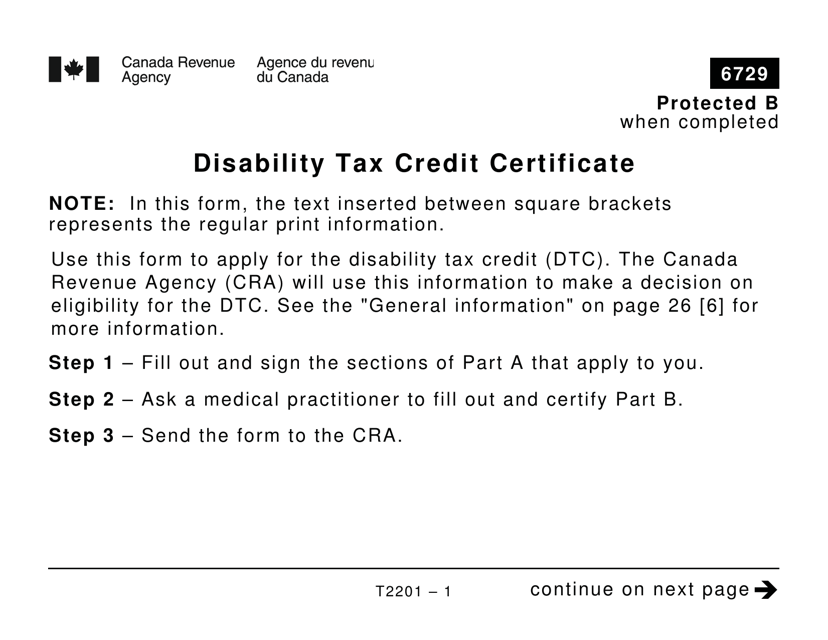 Form T2201 Disability Tax Credit Certificate - Large Print - Canada