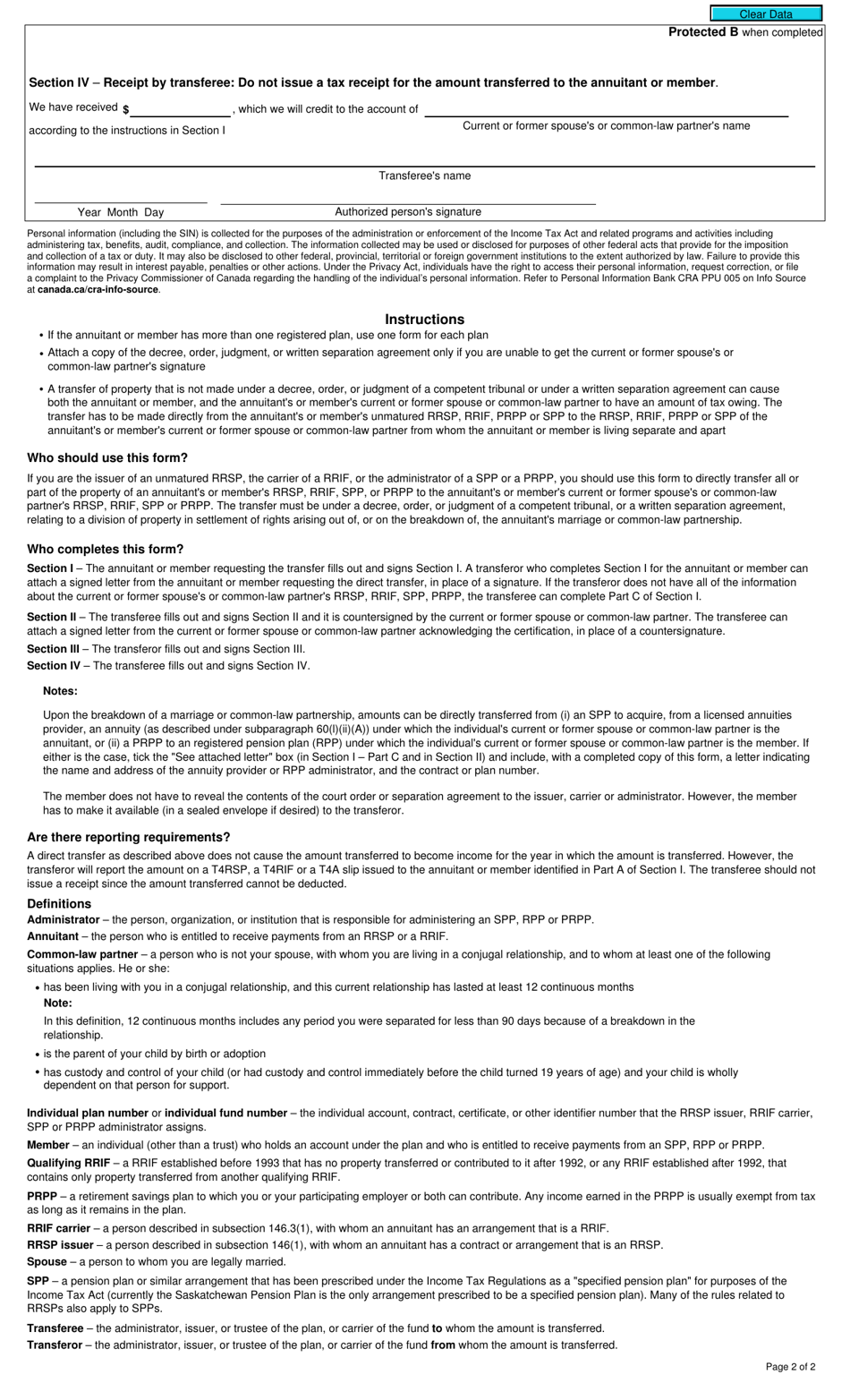 Form T2220 Transfer From an Rrsp, Rrif, Prpp or Spp to Another Rrsp, Rrif, Prpp or Spp on Breakdown of Marriage or Common-Law Partnership - Canada, Page 2