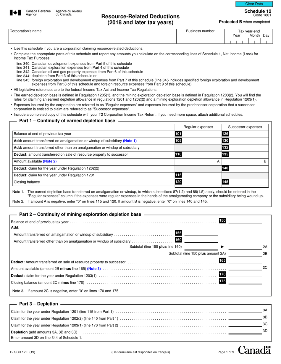 Form T2 Schedule 12 Resource-Related Deductions (2018 and Later Tax Years) - Canada, Page 1