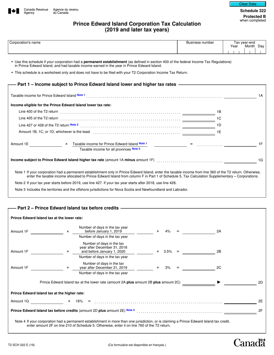 Form T2 Schedule 322 Prince Edward Island Corporation Tax Calculation (2019 and Later Tax Years) - Canada, Page 1