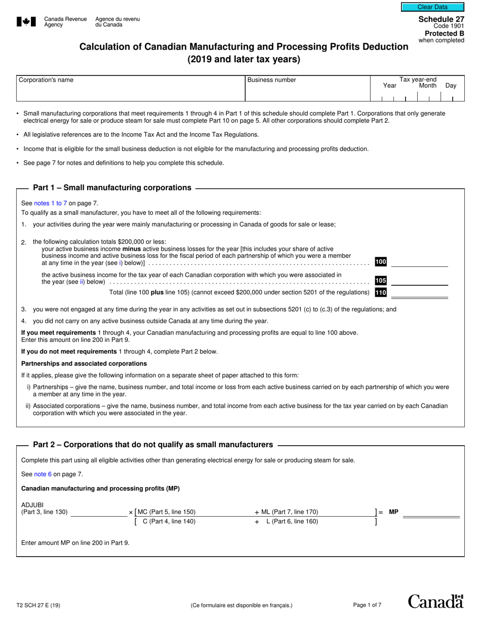 Form T2 Schedule 27 Calculation of Canadian Manufacturing and Processing Profits Deduction (2019 and Later Tax Years) - Canada, Page 1