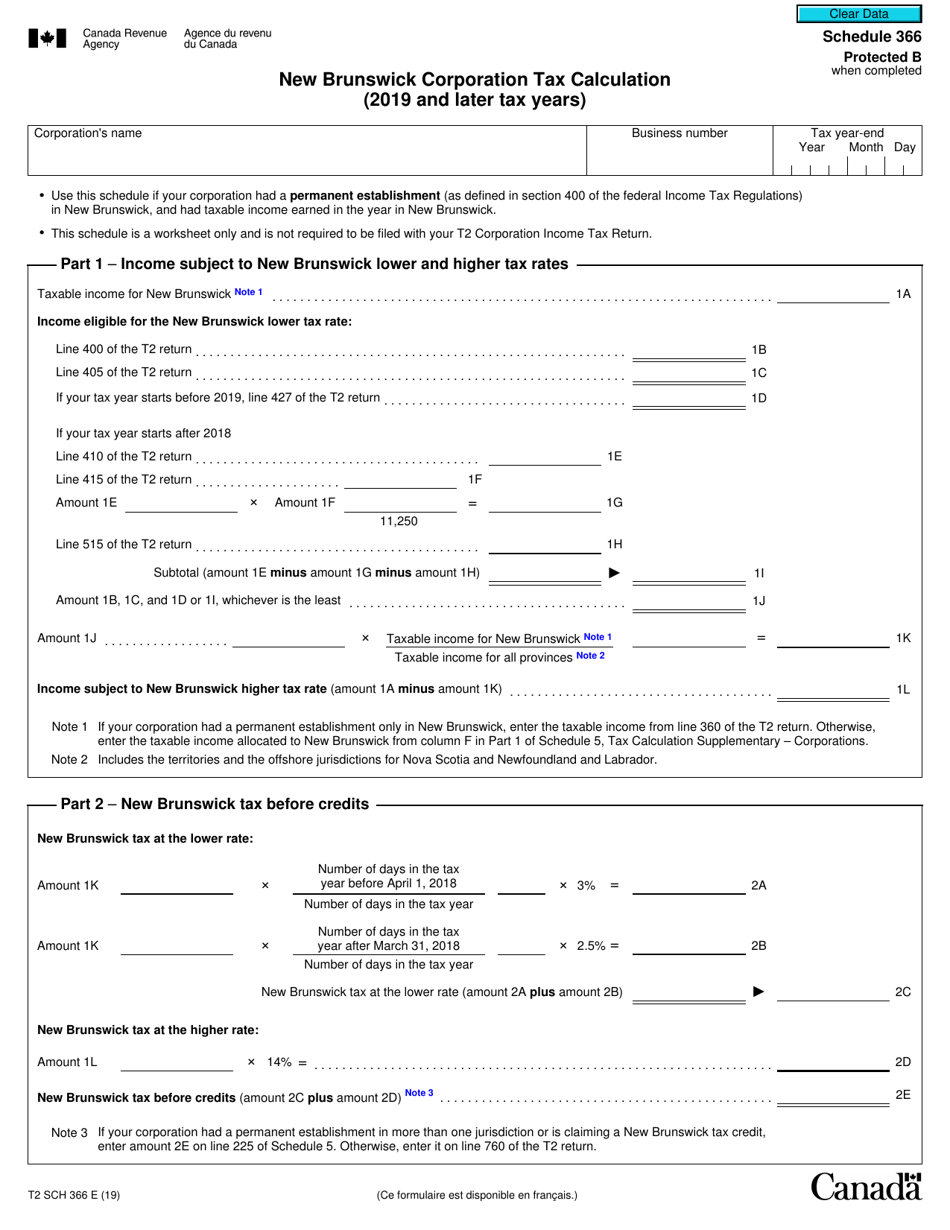 Form T2 Schedule 366 New Brunswick Corporation Tax Calculation (2019 and Later Tax Years) - Canada, Page 1