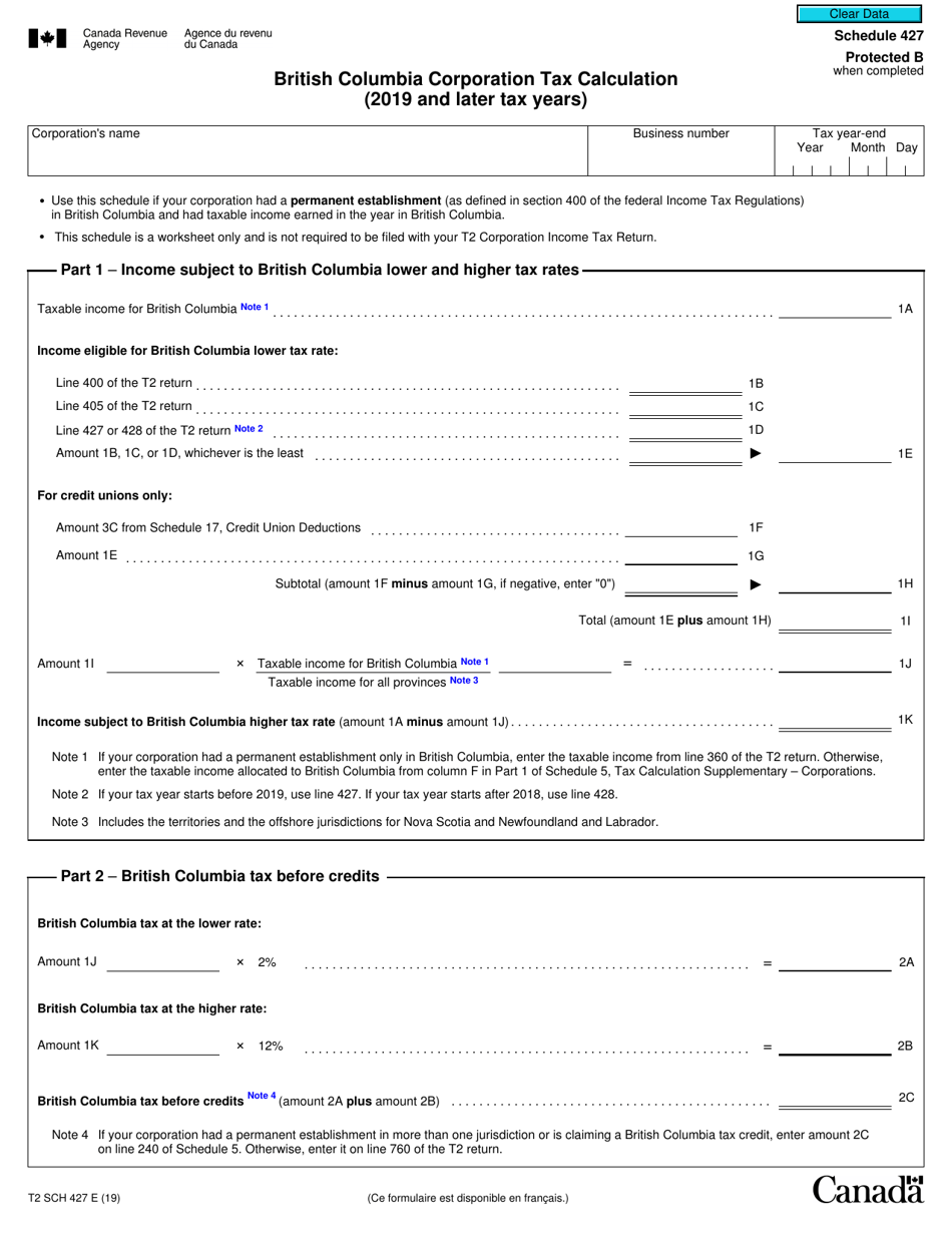 Form T2 Schedule 427 British Columbia Corporation Tax Calculation (2019 and Later Tax Years) - Canada, Page 1