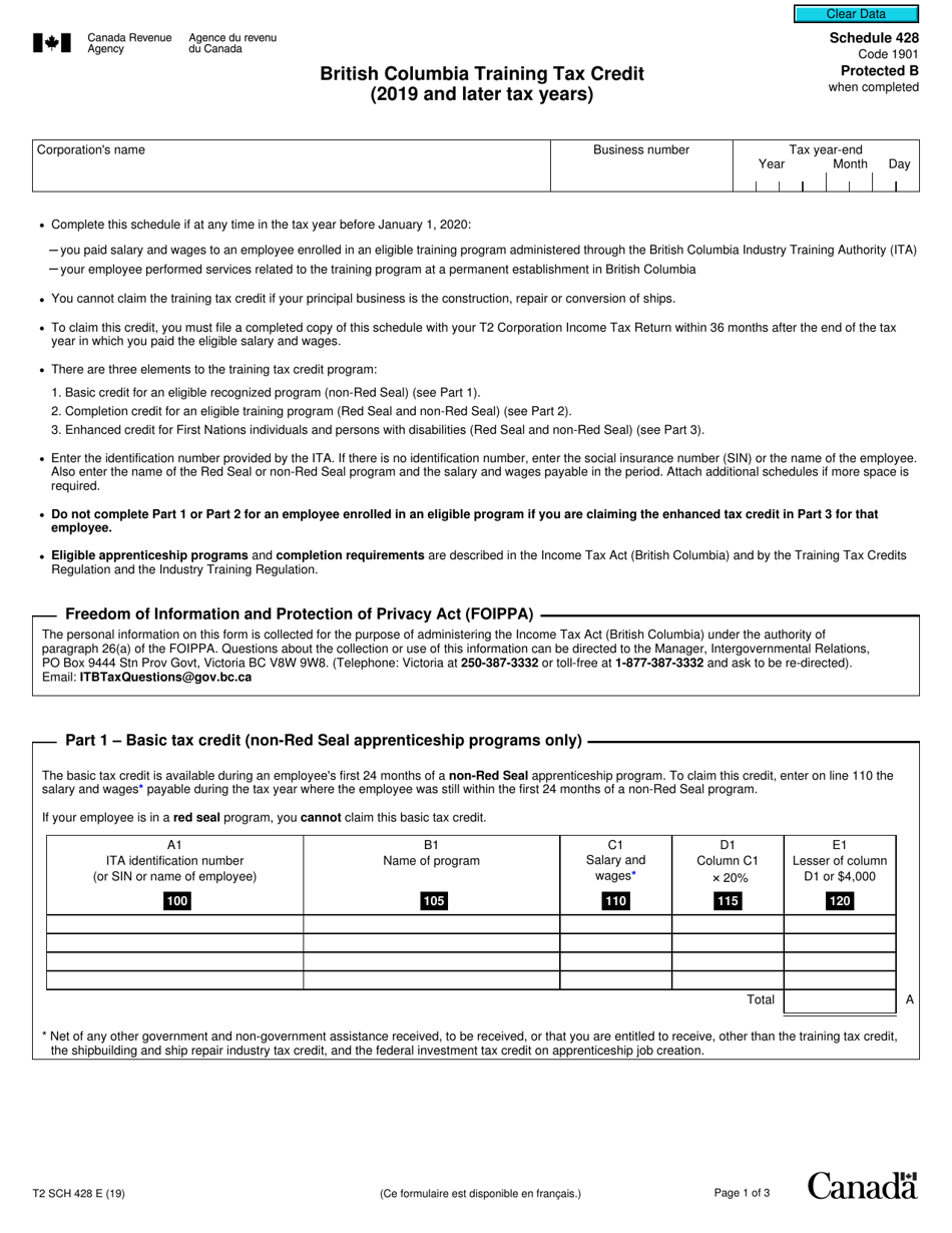 Form T2 Schedule 428 British Columbia Training Tax Credit (2019 and Later Tax Years) - Canada, Page 1