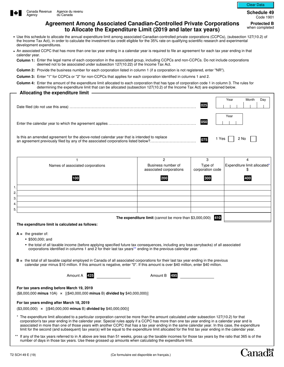 Form T2 Schedule 49 Agreement Among Associated Canadian-Controlled Private Corporations to Allocate the Expenditure Limit (2019 and Later Tax Years) - Canada, Page 1