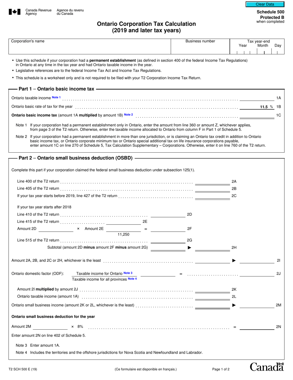 Form T2 Schedule 500 Ontario Corporation Tax Calculation (2019 and Later Tax Years) - Canada, Page 1