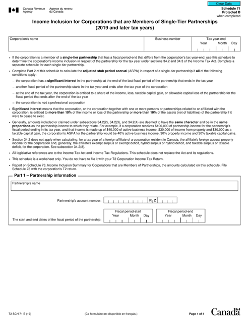 Form T2 Schedule 71 Income Inclusion for Corporations That Are Members of Single-Tier Partnerships (2019 and Later Tax Years) - Canada