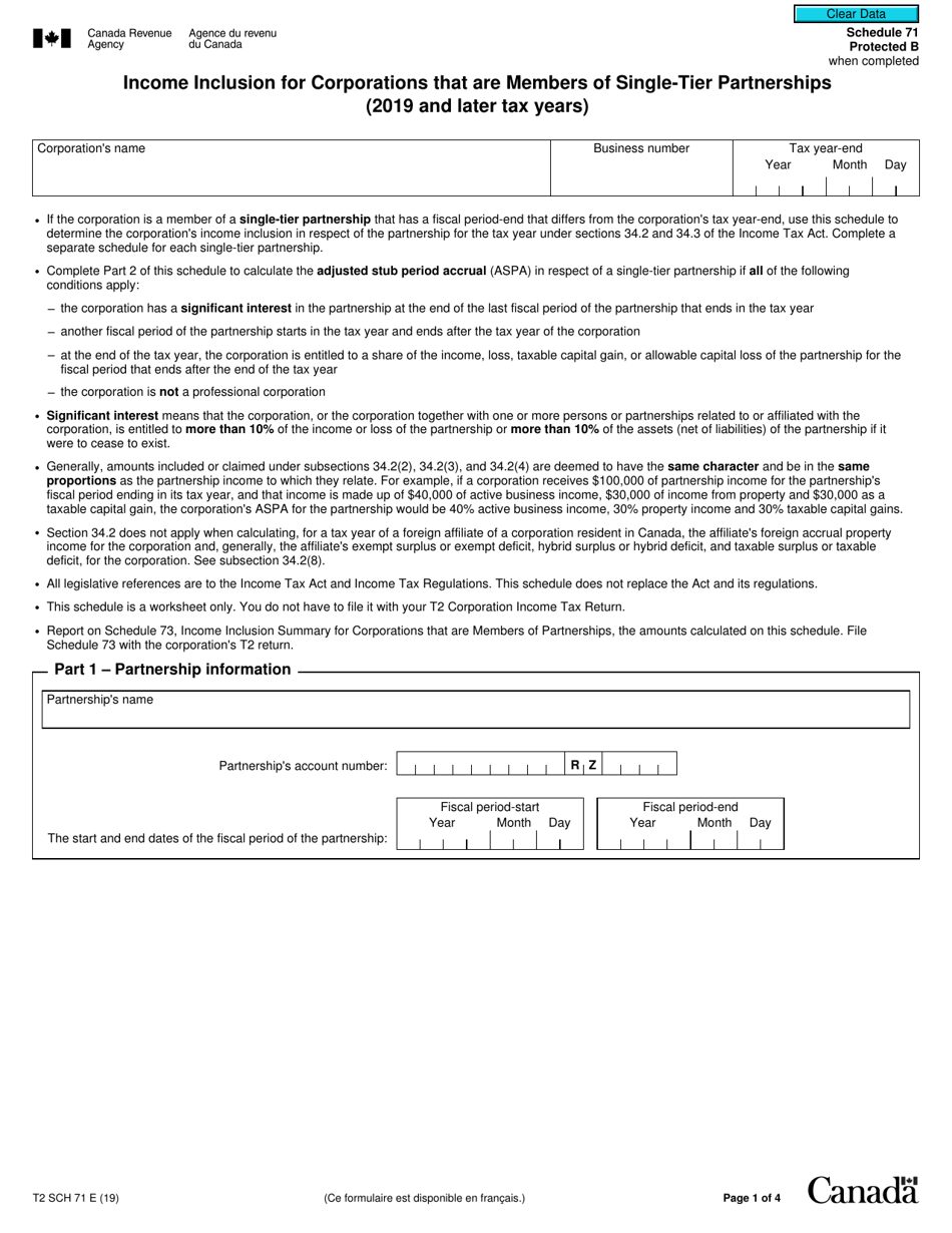 Form T2 Schedule 71 Income Inclusion for Corporations That Are Members of Single-Tier Partnerships (2019 and Later Tax Years) - Canada, Page 1