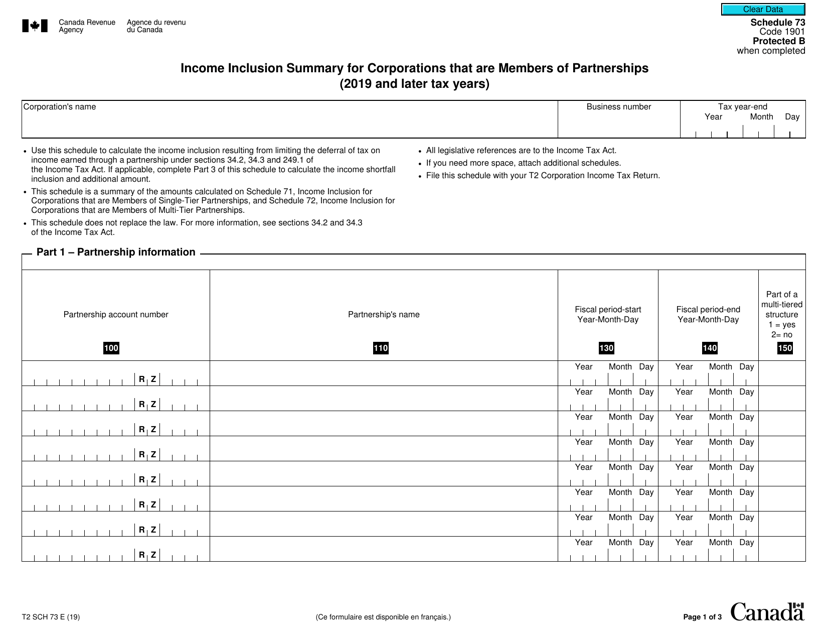 Form T2 Schedule 73 Income Inclusion Summary for Corporations That Are Members of Partnerships (2019 and Later Tax Years) - Canada