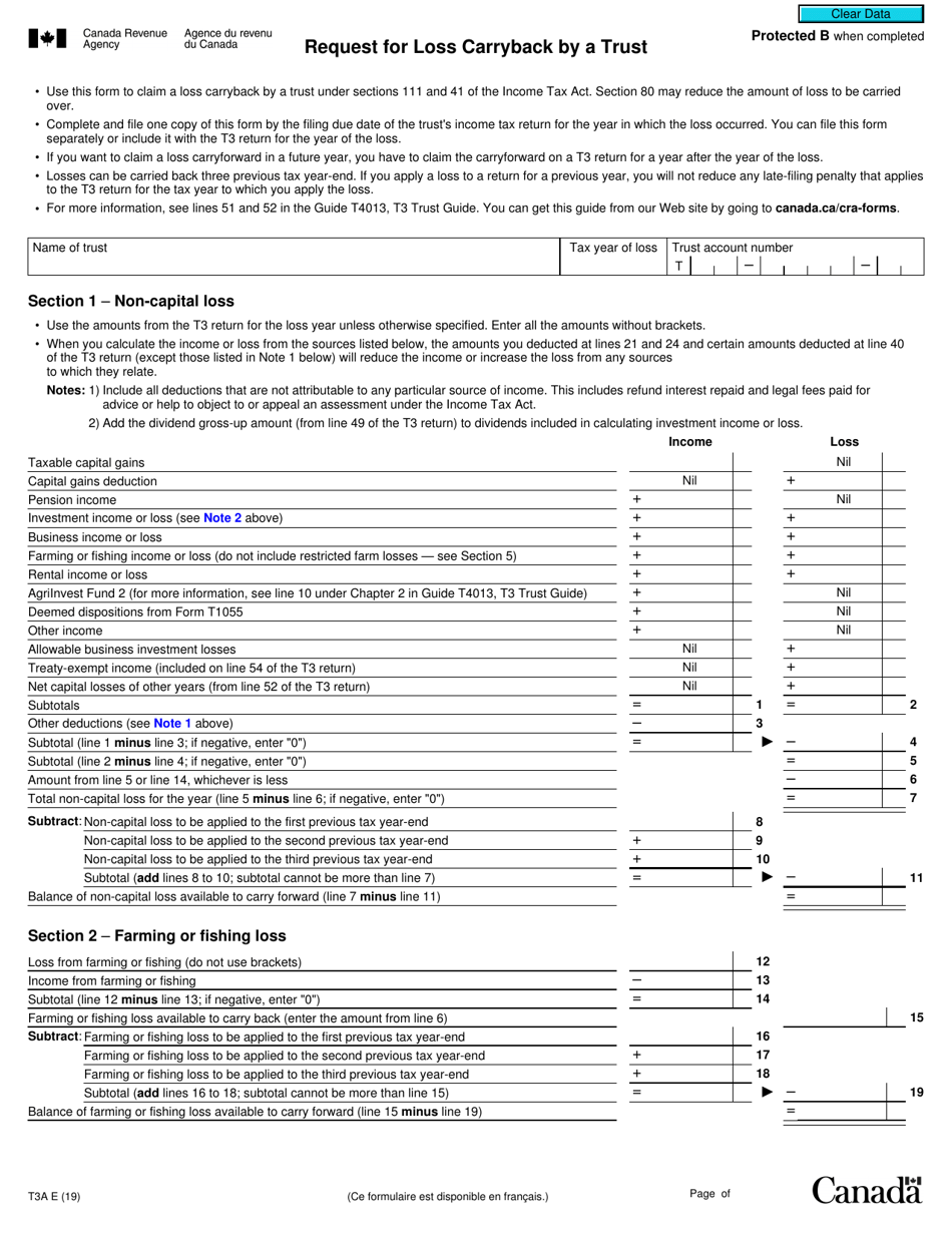 Form T3A Request for Loss Carryback by a Trust - Canada, Page 1