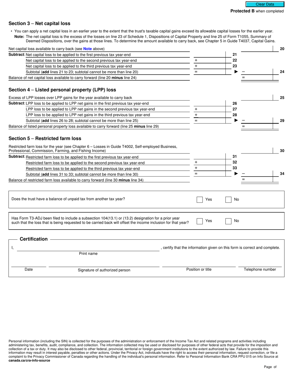 Form T3A Request for Loss Carryback by a Trust - Canada, Page 2