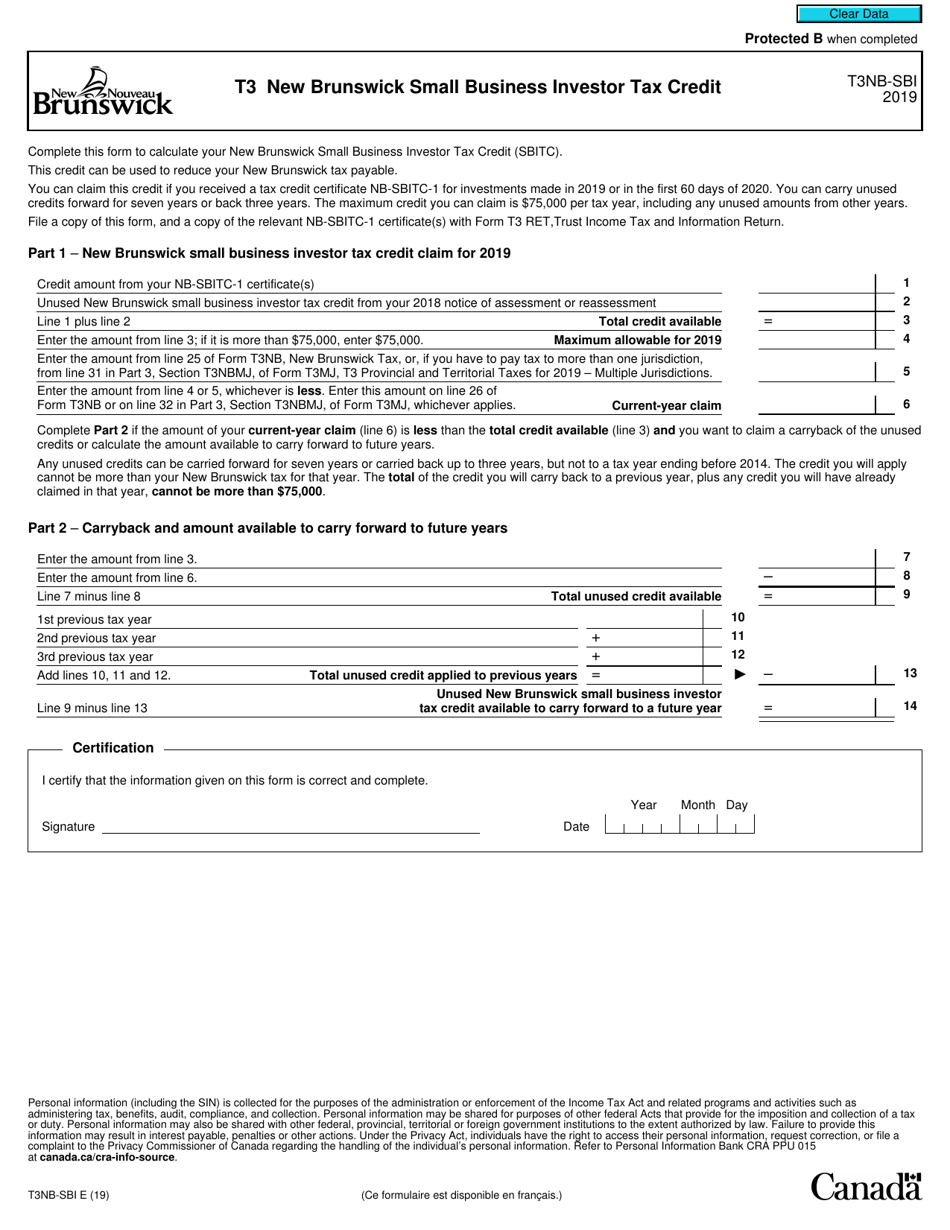 Form T3NB-SBI T3 New Brunswick Small Business Investor Tax Credit - Canada, Page 1