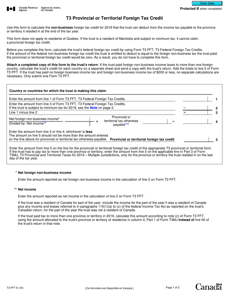 Form T3PFT T3 Provincial or Territorial Foreign Tax Credit - Canada, Page 1