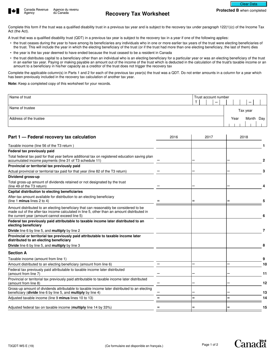 Form T3QDT-WS Recovery Tax Worksheet - Canada, Page 1