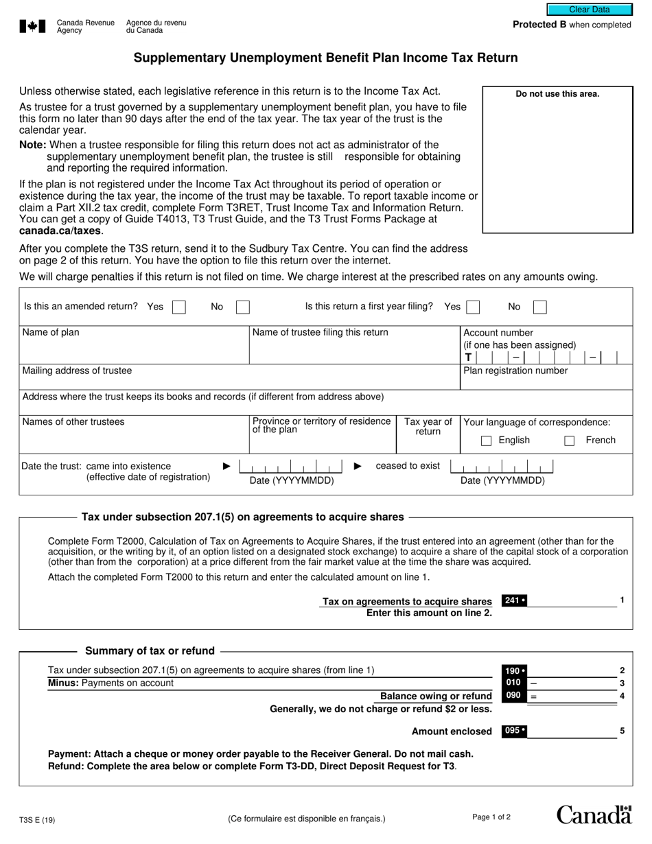 Form T3S Supplementary Unemployment Benefit Plan Income Tax Return - Canada, Page 1