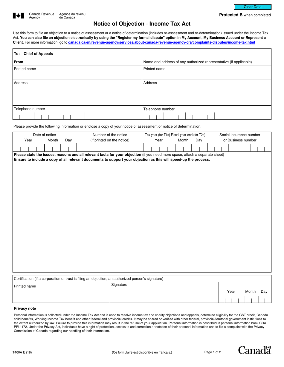 Form T400A Notice of Objection - Income Tax Act - Canada, Page 1
