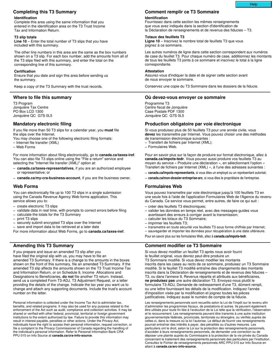 Form T3SUM Summary of Trust Income Allocations and Designations - Canada (English / French), Page 2