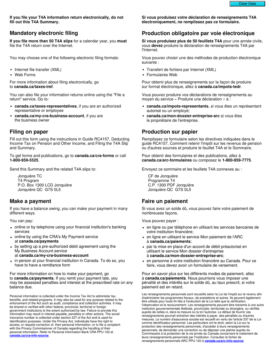 Form T4ASUM Summary of Pension, Retirement Annuity, and Other Income - Canada (English / French), Page 2