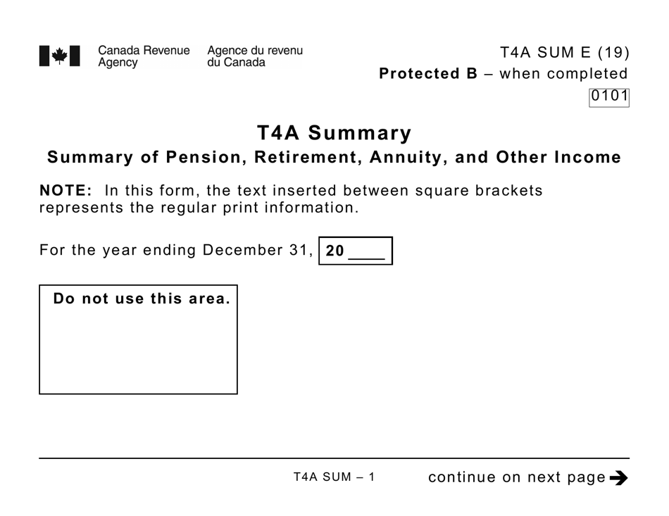 Form T4ASUM Summary of Pension, Retirement Annuity, and Other Income - Large Print - Canada, Page 1