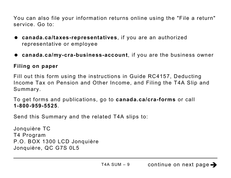 Form T4ASUM Summary of Pension, Retirement Annuity, and Other Income - Large Print - Canada, Page 9
