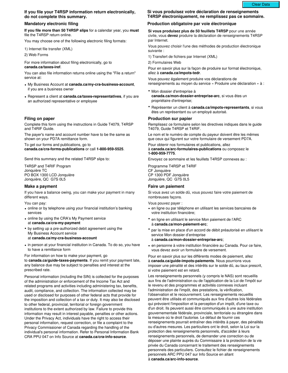 Form T4RSPSUM T4rsp Summary - Canada (English / French), Page 2