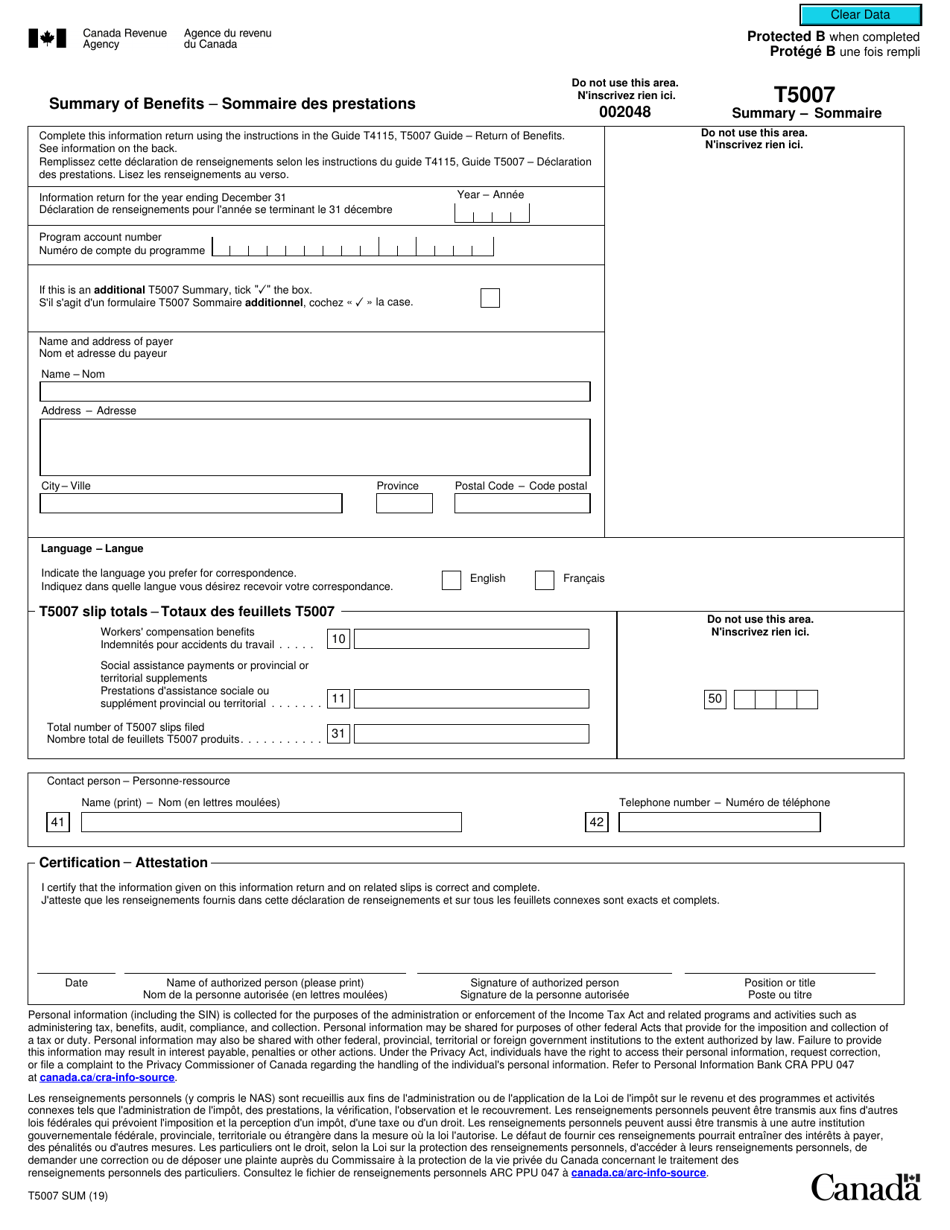 Form T5007SUM Summary of Benefits - Canada (English / French), Page 1