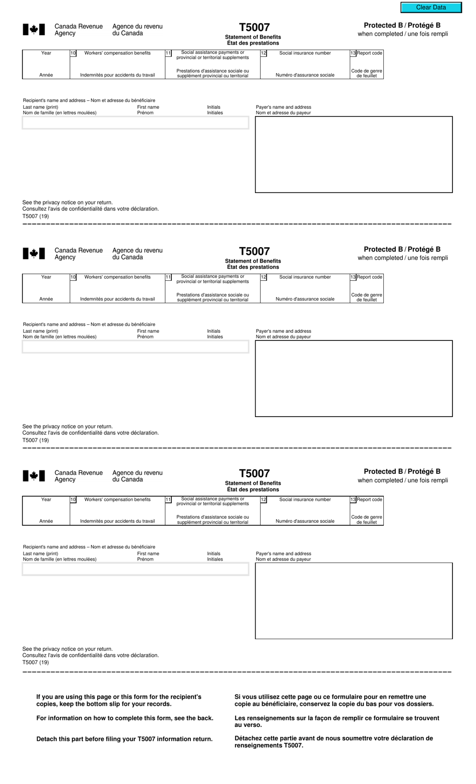 Form T5007 Statement of Benefits - Canada (English / French), Page 1