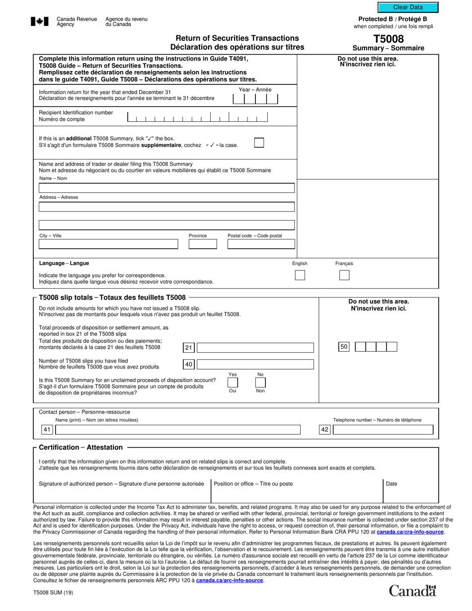 Form T5008SUM Return of Securities Transactions - Canada (English / French), Page 1