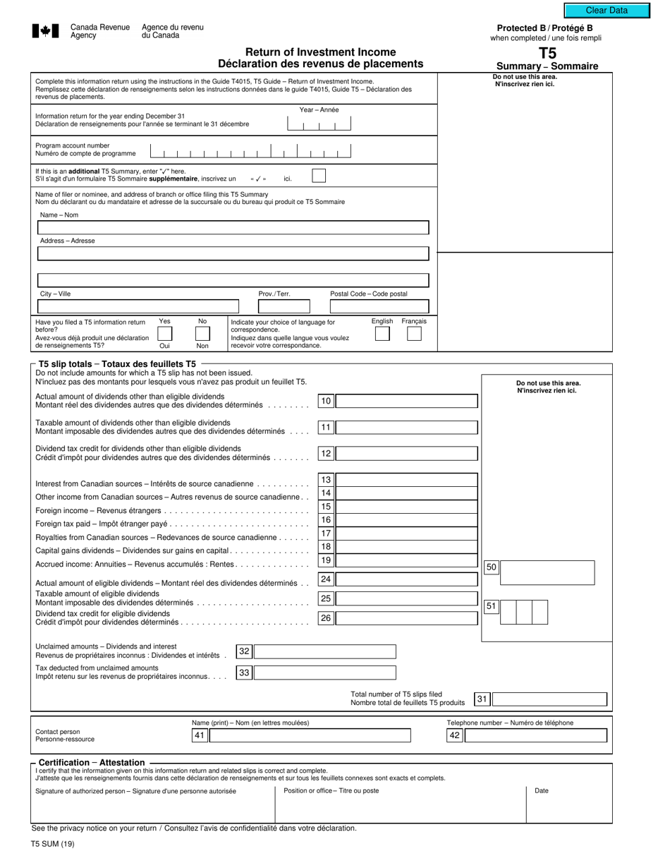 Form T5SUM Return of Investment Income - Canada (English / French), Page 1