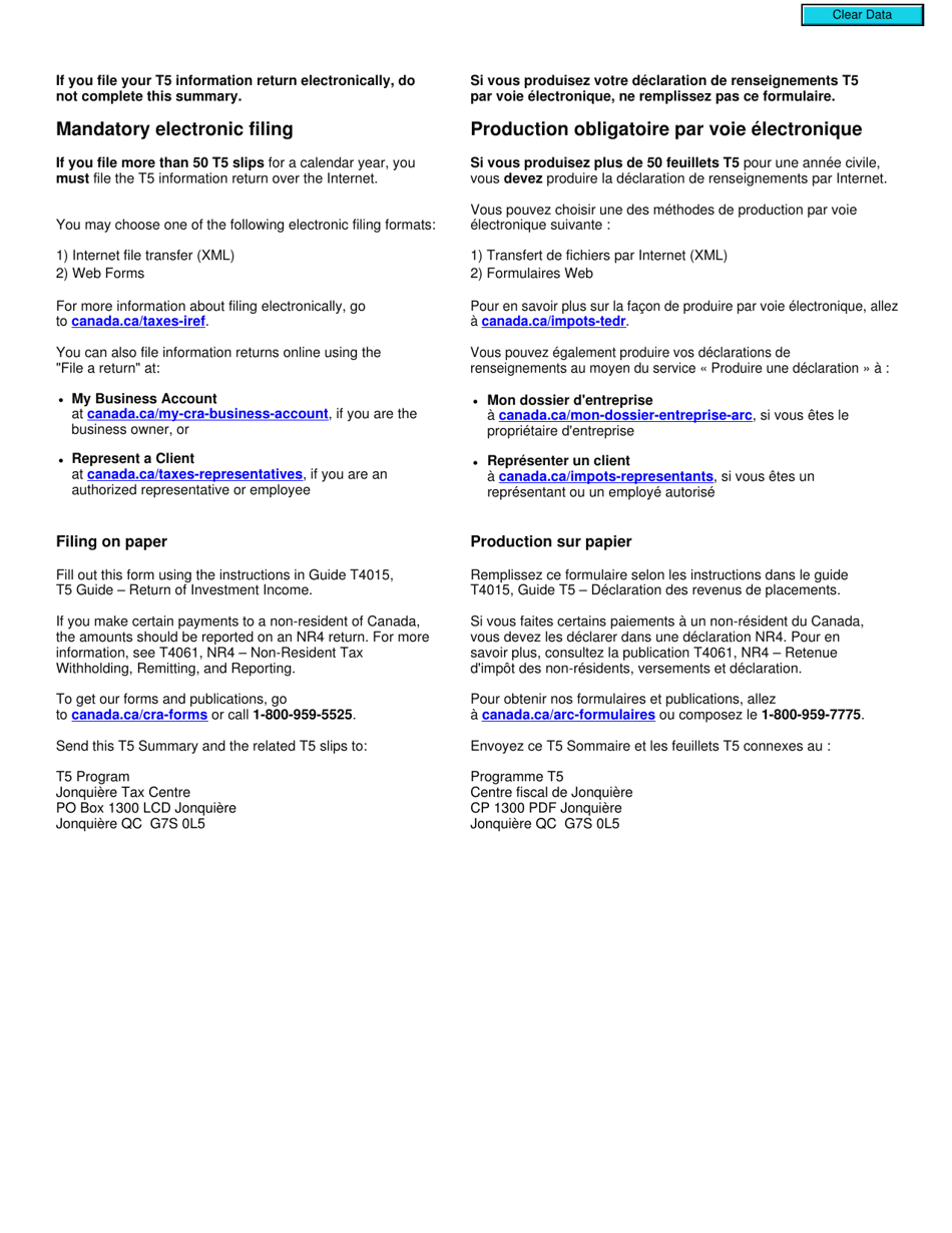 Form T5SUM Return of Investment Income - Canada (English / French), Page 2