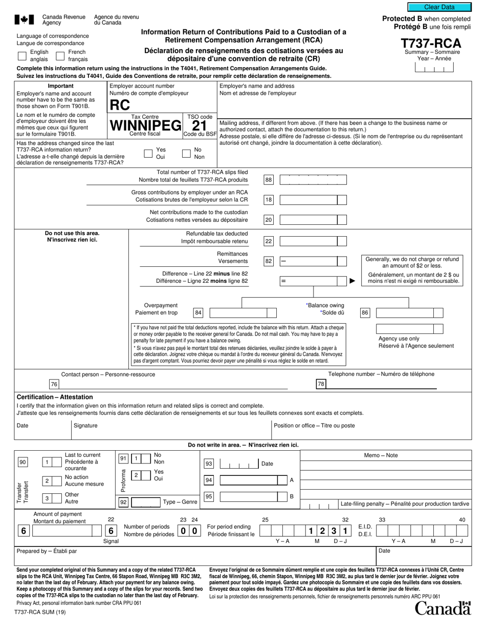 Form T737-RCASUM Information Return of Contributions Paid to a Custodian of a Retirement Compensation Arrangement (Rca) - Canada (English / French), Page 1