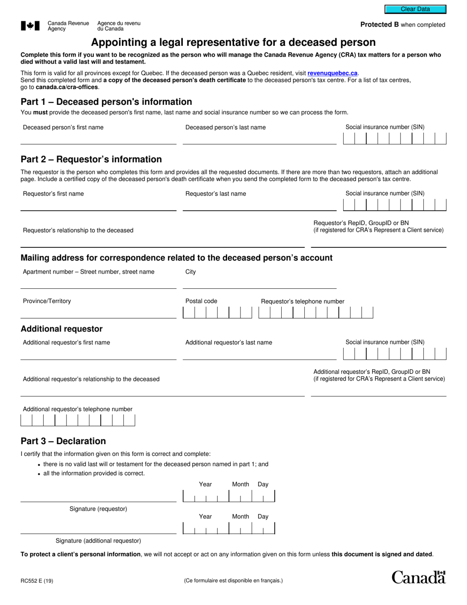 Form RC552 Appointing a Legal Representative for a Deceased Person - Canada, Page 1