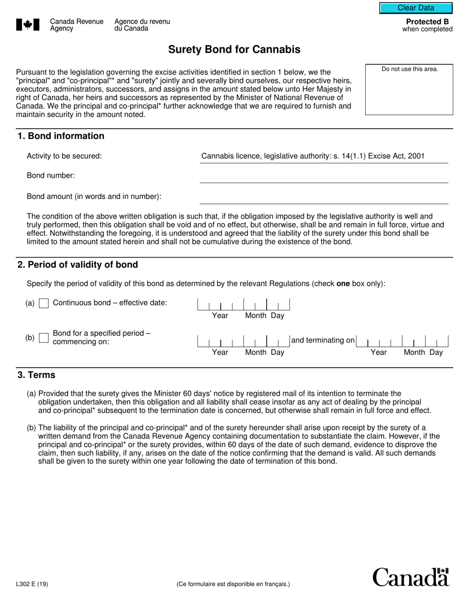 Form L302 Surety Bond for Cannabis - Canada, Page 1
