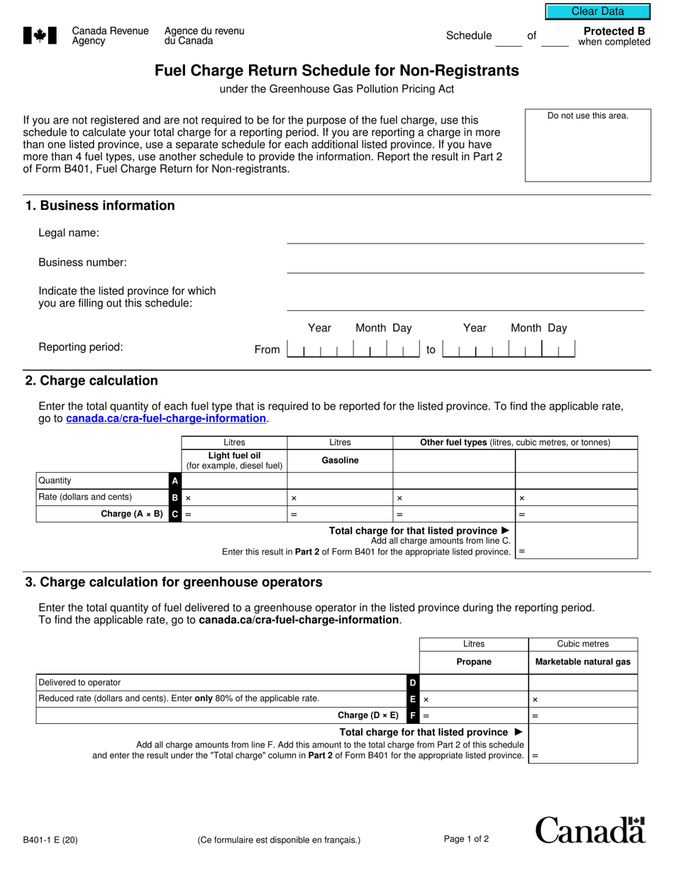 Form B401-1 Fuel Charge Return Schedule for Non-registrants Under the Greenhouse Gas Pollution Pricing Act - Canada, Page 1