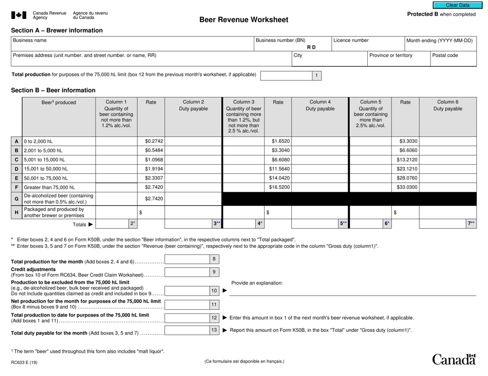 Form RC633 Beer Revenue Worksheet - Canada, Page 1