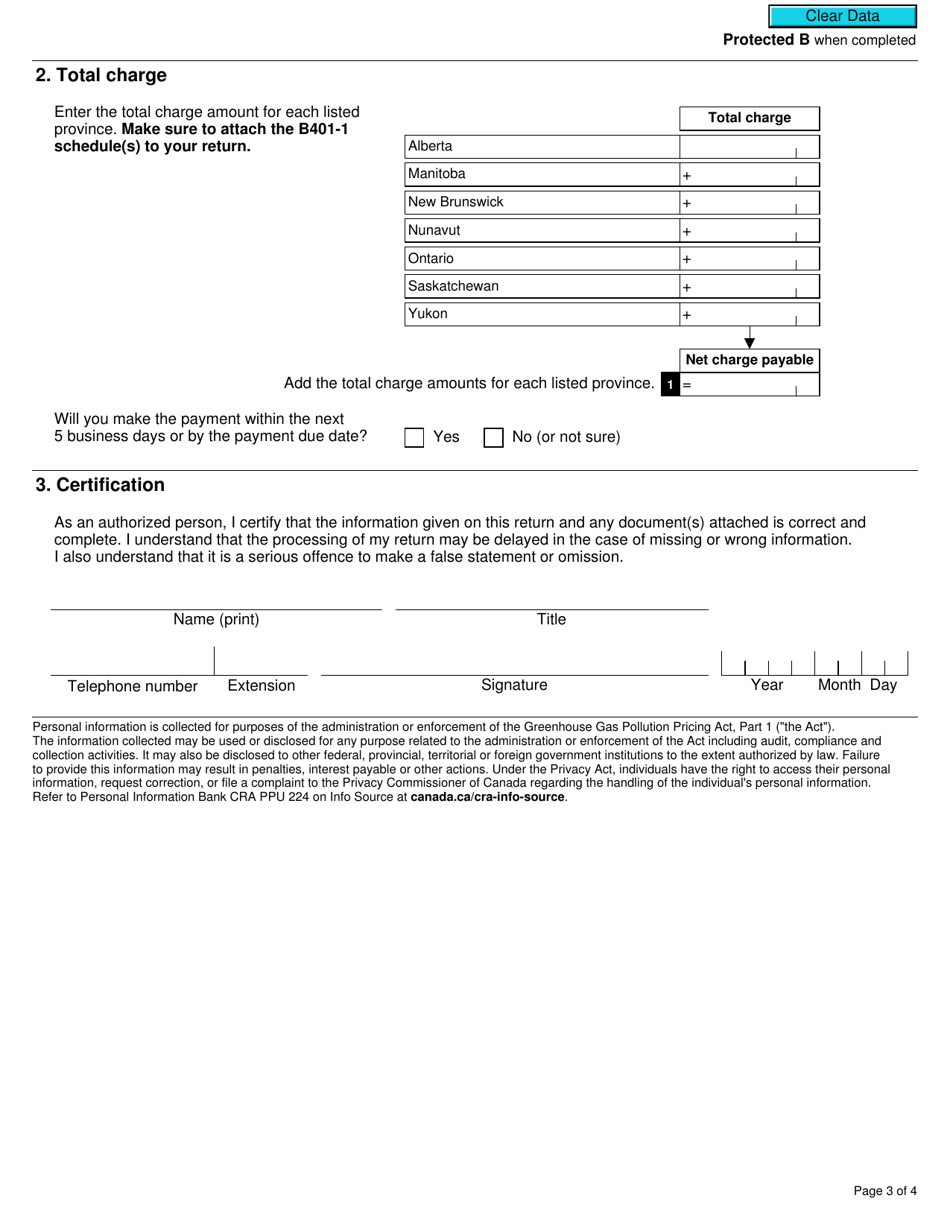 Form B401 Fuel Charge Return for Non-registrants Under the Greenhouse Gas Pollution Pricing Act - Canada, Page 3
