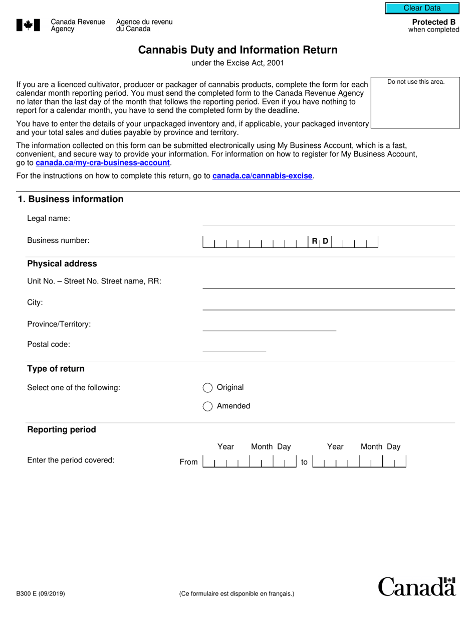 Form B300 Cannabis Duty and Information Return Under Excise Act, 2001 - Canada, Page 1