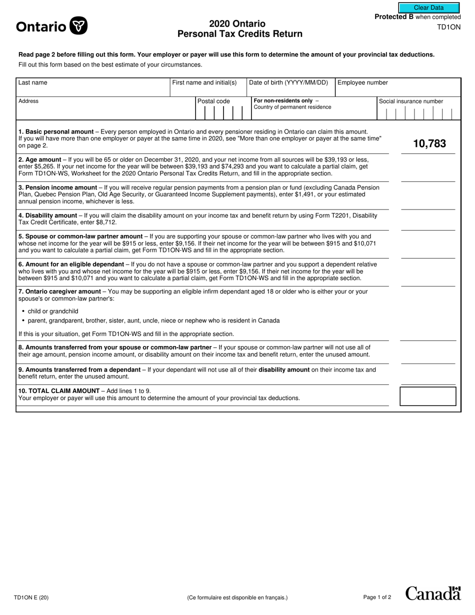 Form TD1ON 2020 Fill Out, Sign Online and Download Fillable PDF