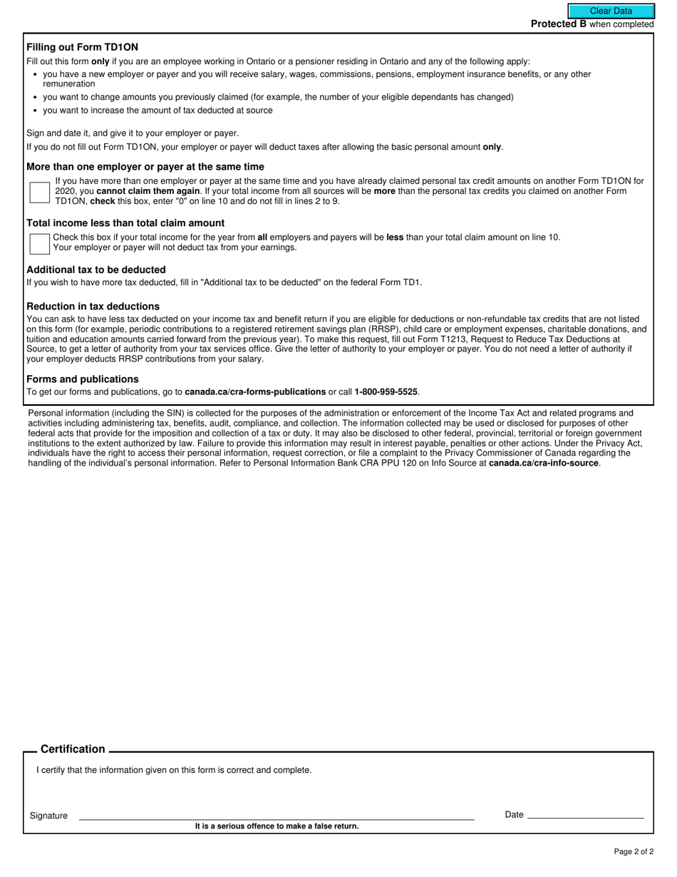 Form TD1ON 2020 Fill Out, Sign Online and Download Fillable PDF