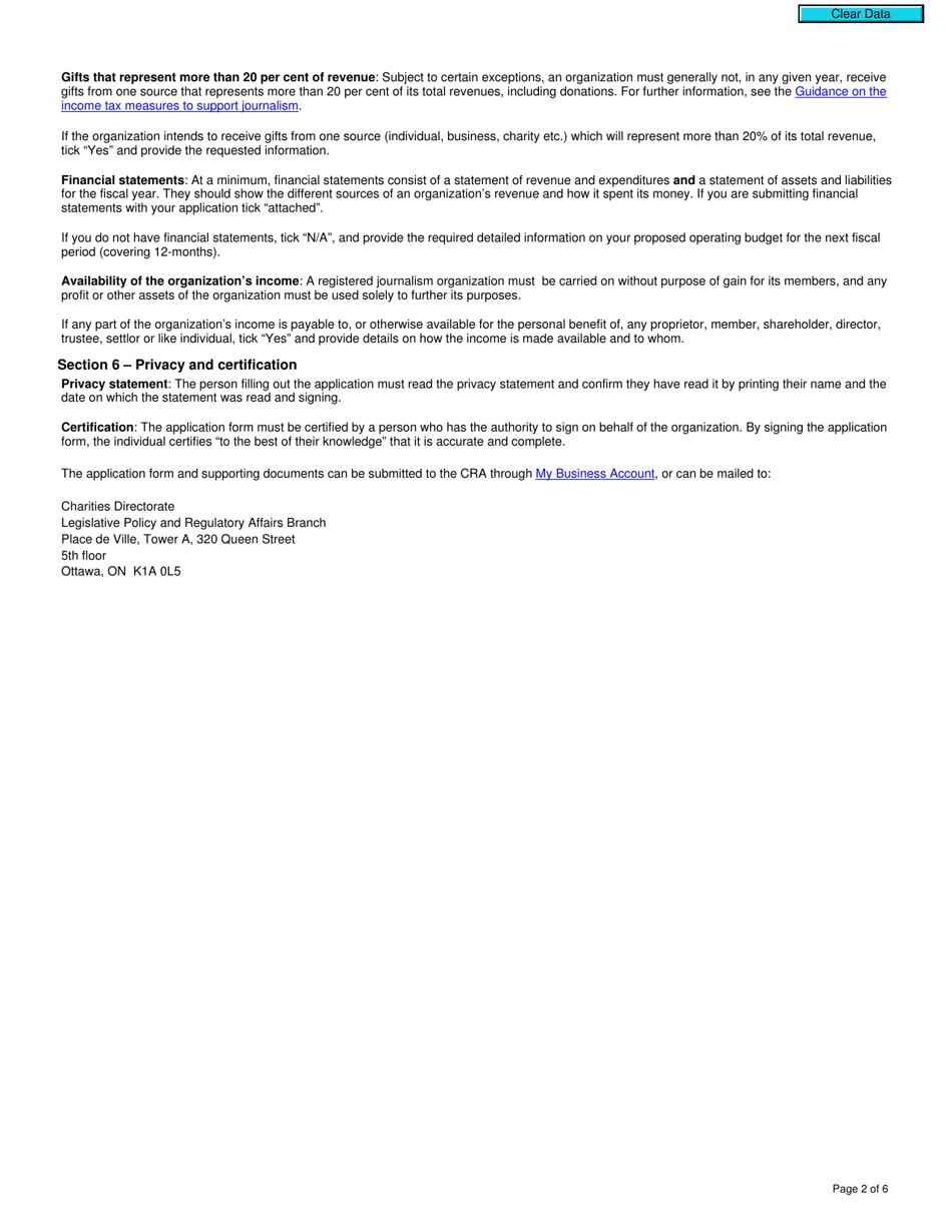 Form T624 Application to Register a Journalism Organization Under the Income Tax Act - Canada, Page 2
