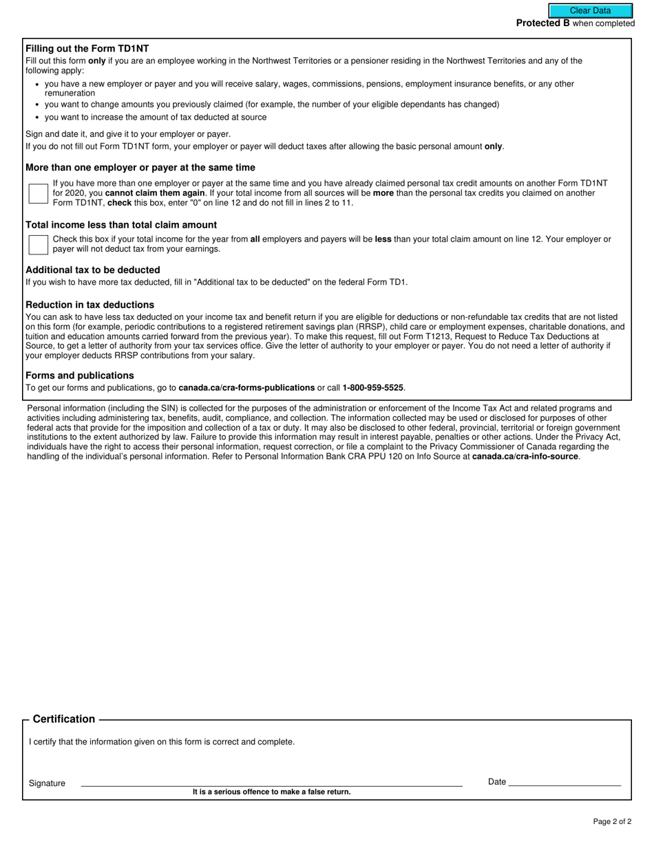 Form TD1NT Northwest Territories Personal Tax Credits Return - Canada, Page 2