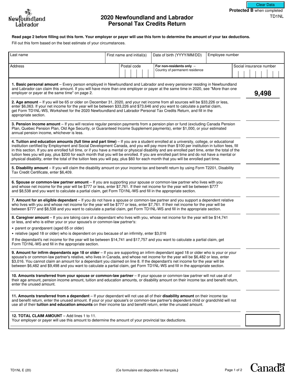 Form TD1NL Newfoundland and Labrador Personal Tax Credits Return - Newfoundland and Labrador, Canada, Page 1
