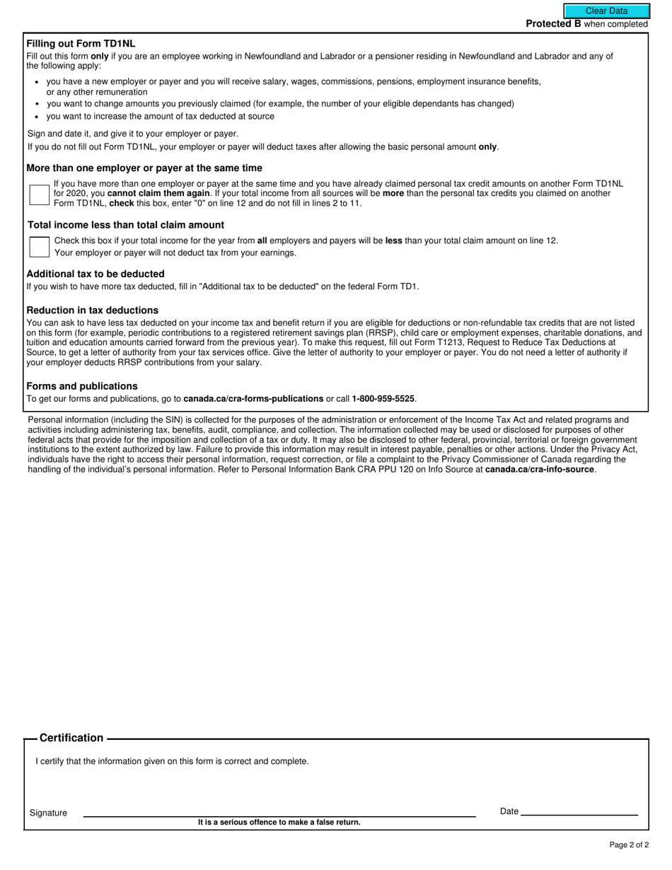 Form TD1NL Newfoundland and Labrador Personal Tax Credits Return - Newfoundland and Labrador, Canada, Page 2